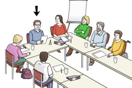 Menschen bei einer Sitzung, eine Person leitet die Sitzung
