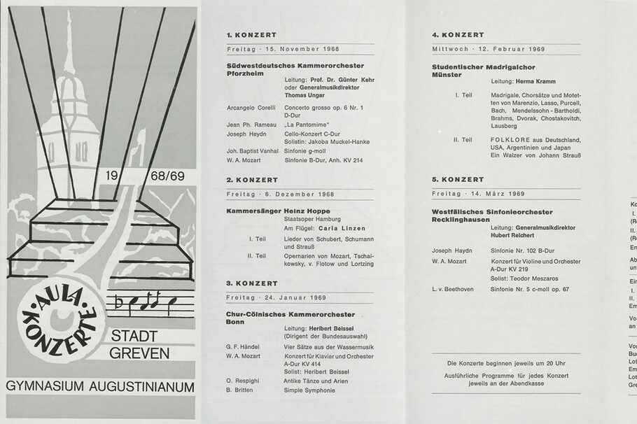 Das erste Programm der Aulakonzerte der Spielzeit 1968/69 hatte fünf hochklassige Konzerte im Angebot